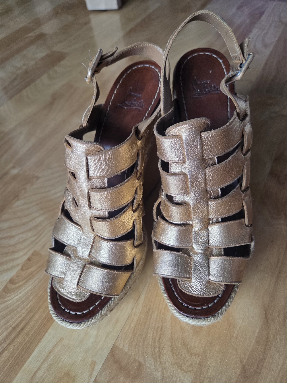 Louis Vuitton Metallic Rose Gold Leather Woven Espadrille Wedges